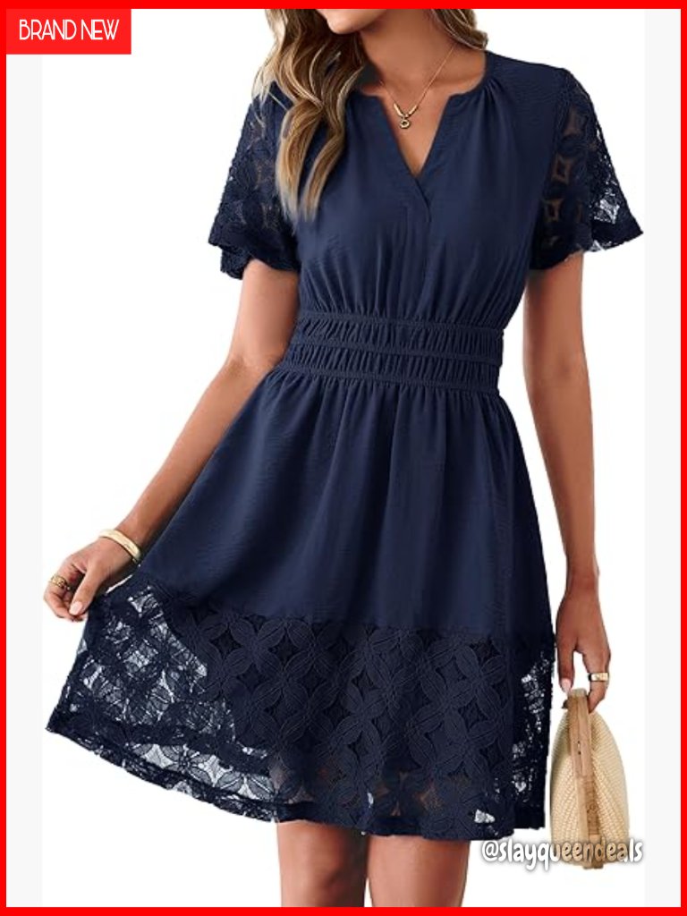 Boho Mini Dress V Neck Short Sleeve Empire Waist A Line Tiered Lace Pockets